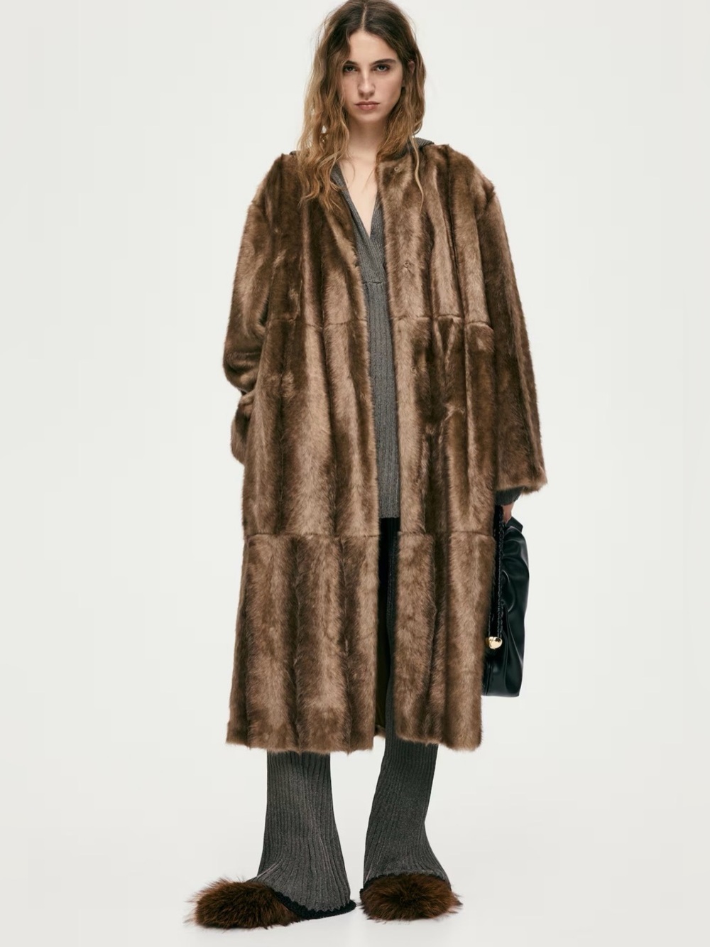 Viral H&M Fur Coat With Scarf-Detail New Luxurious Brown Faux Fur Coat Sz Small - Picture 2 of 14
